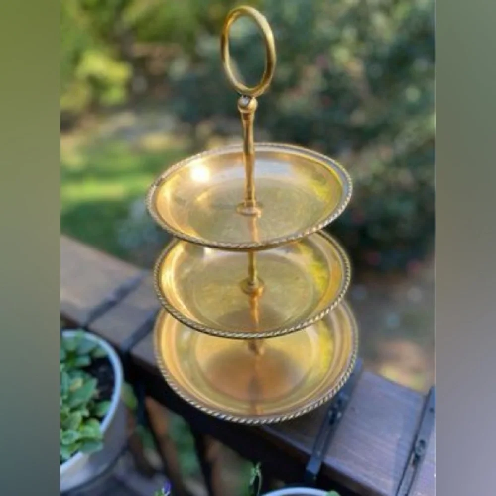 Vintage Brass 3 Tier Pastry Fruit Plate Serving  Dessert Holder Made In Designco